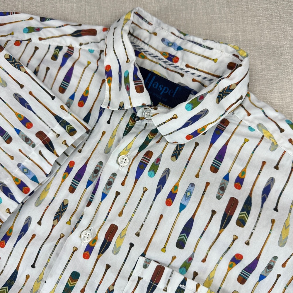 Haspel Paddle Print Shirt Mens Medium White Multi Short Sleeve Cotton Italy EUC